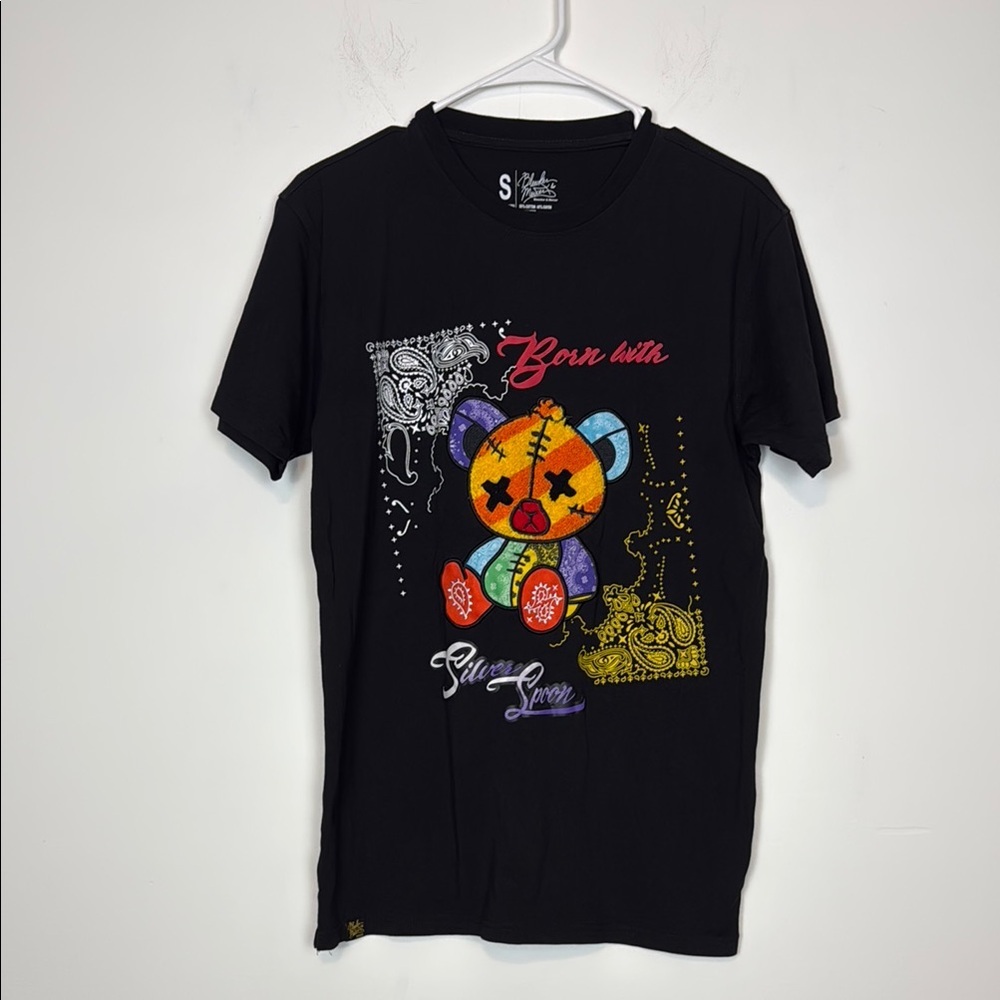 Bleaker & Mercer Black Bandana Bear T Shirt. Born With Silver Spoon. Size S